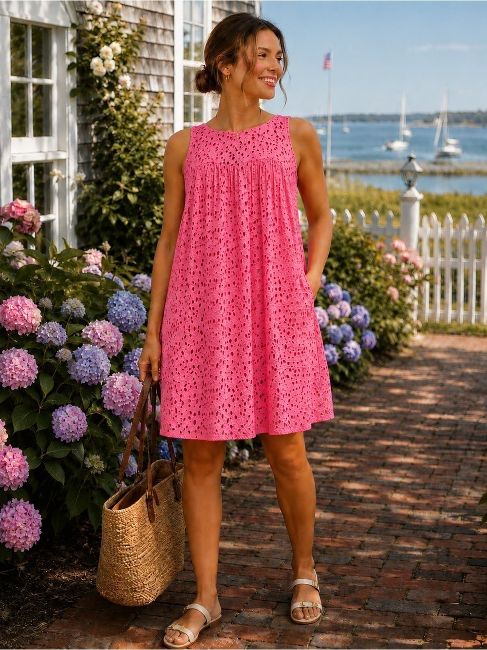 Michael Kors Pink Cotton Eyelet Shift Dress Womens Size 6 Preppy Lace